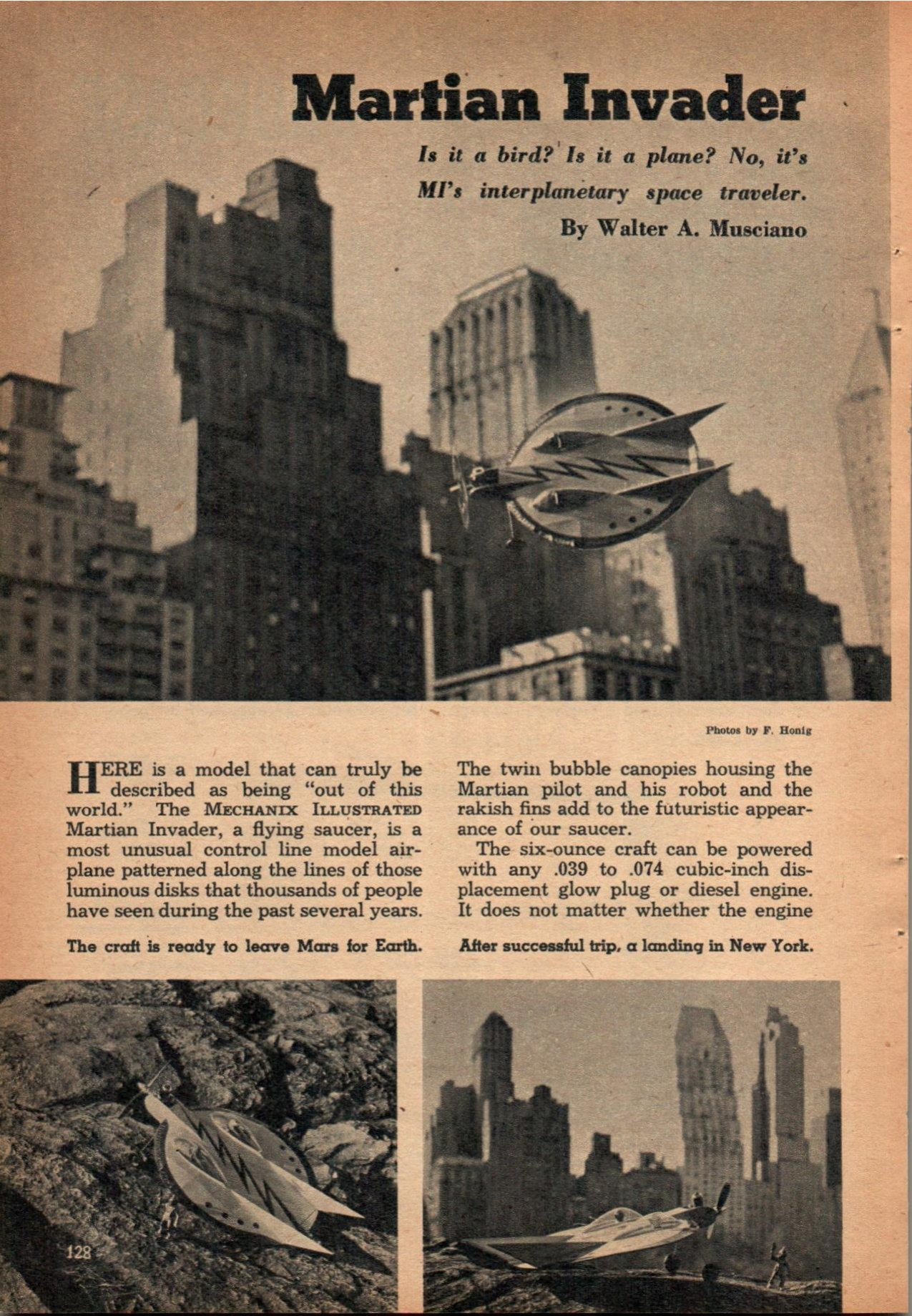 Full page from Mechanix Illustrated showing the Martian Invader flying saucer model composited over the New York City skyline, with the headline Martian Invader and article text below