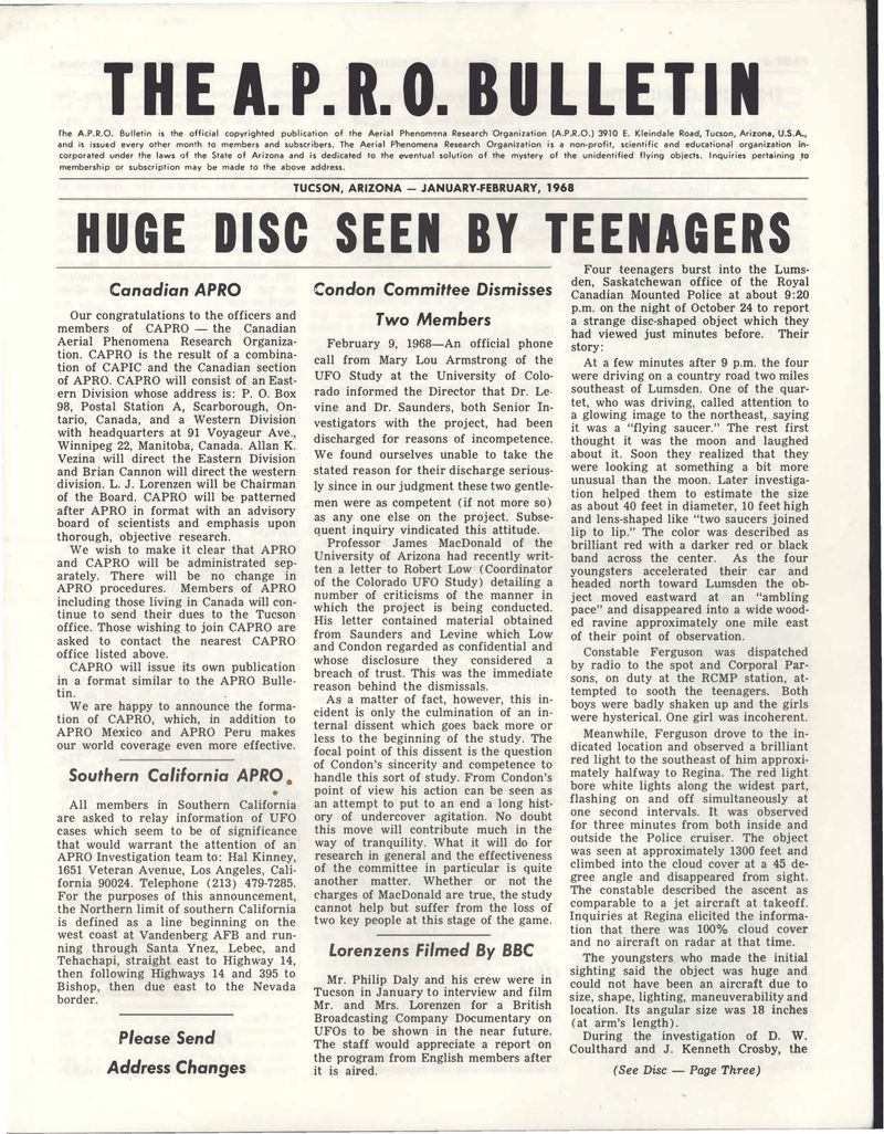APRO Bulletin January-February 1968, page 1