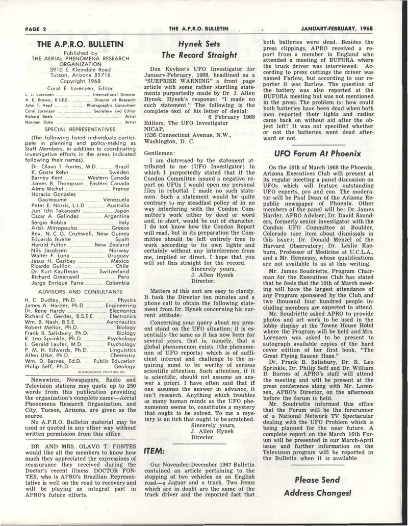 APRO Bulletin January-February 1968, page 2