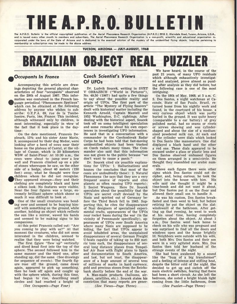 APRO Bulletin July-August 1968, page 1