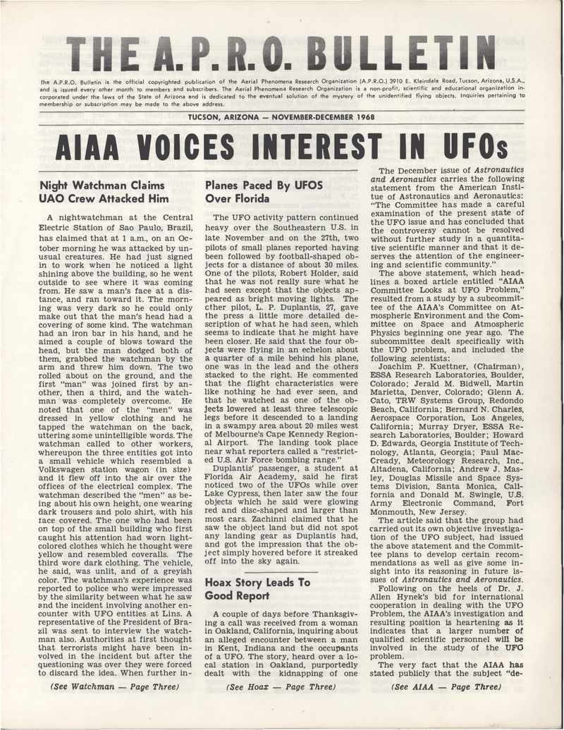 APRO Bulletin November-December 1968, page 1