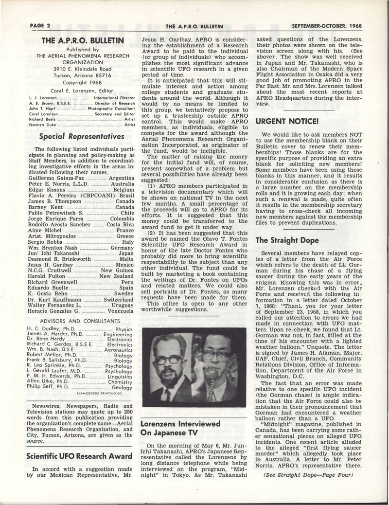 APRO Bulletin September-October 1968, page 2