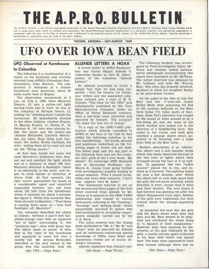 APRO Bulletin July-August 1969, page 1