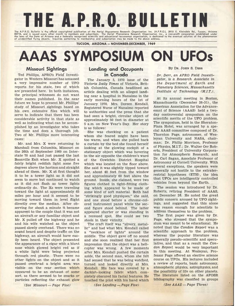 APRO Bulletin November-December 1969, page 1