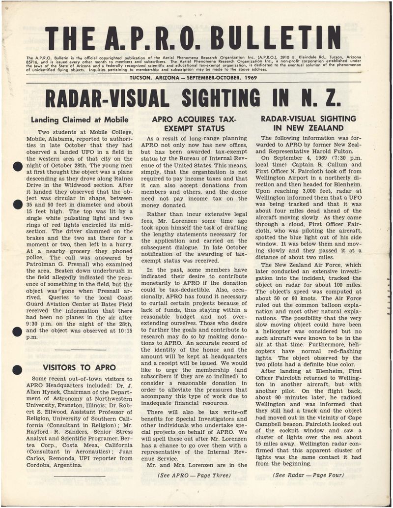 APRO Bulletin September-October 1969, page 1