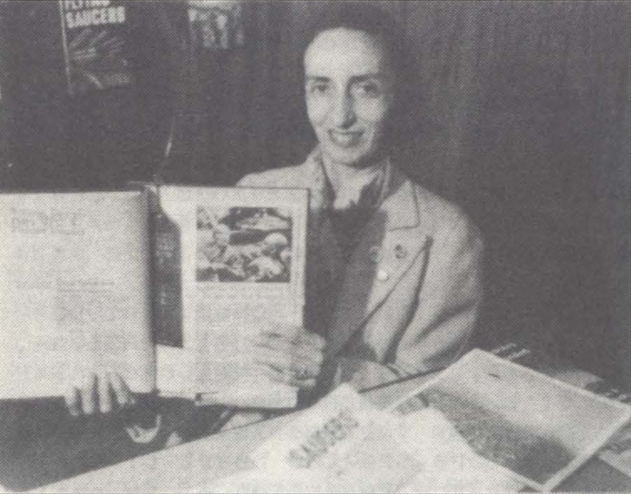Mrs H V Goodells at her flying saucer booth at the 9th Annual California Hobby Show, Shrine Exposition Hall, Los Angeles, April 1957