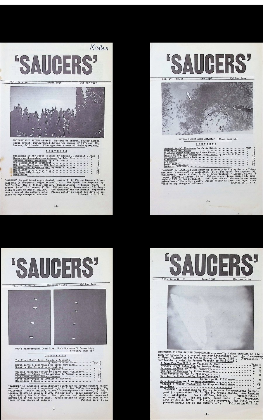 Four issues of Saucers newsletter by Max B. Miller, showing covers from Volumes 1 through 7