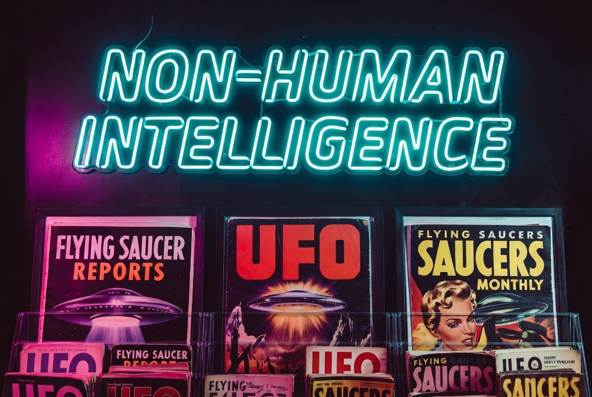 Non-Human Intelligence neon sign above vintage UFO magazine covers including Flying Saucer Reports, UFO, and Flying Saucers Monthly displayed in acrylic stands