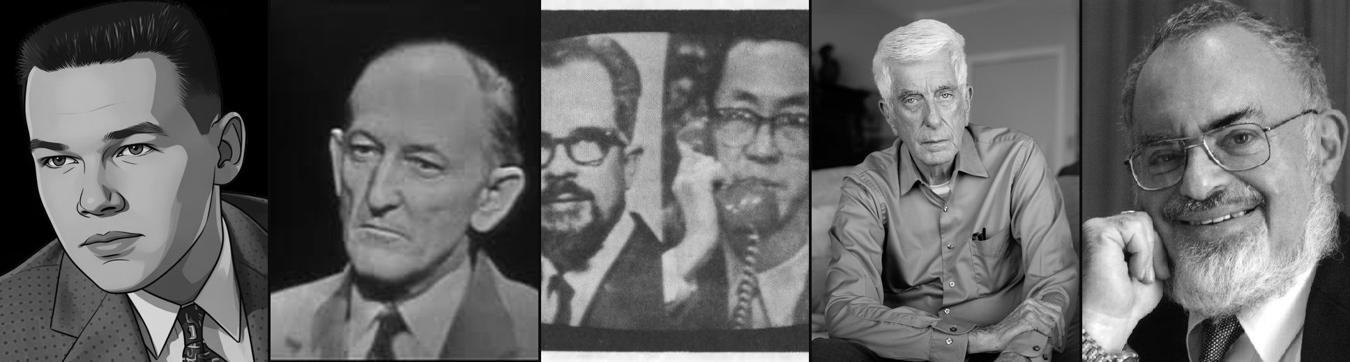 Portraits of independent UFO researchers honoured by the archive: Max B. Miller, Donald Keyhoe, J. Allen Hynek, Jacques Vallee, and Stanton Friedman.