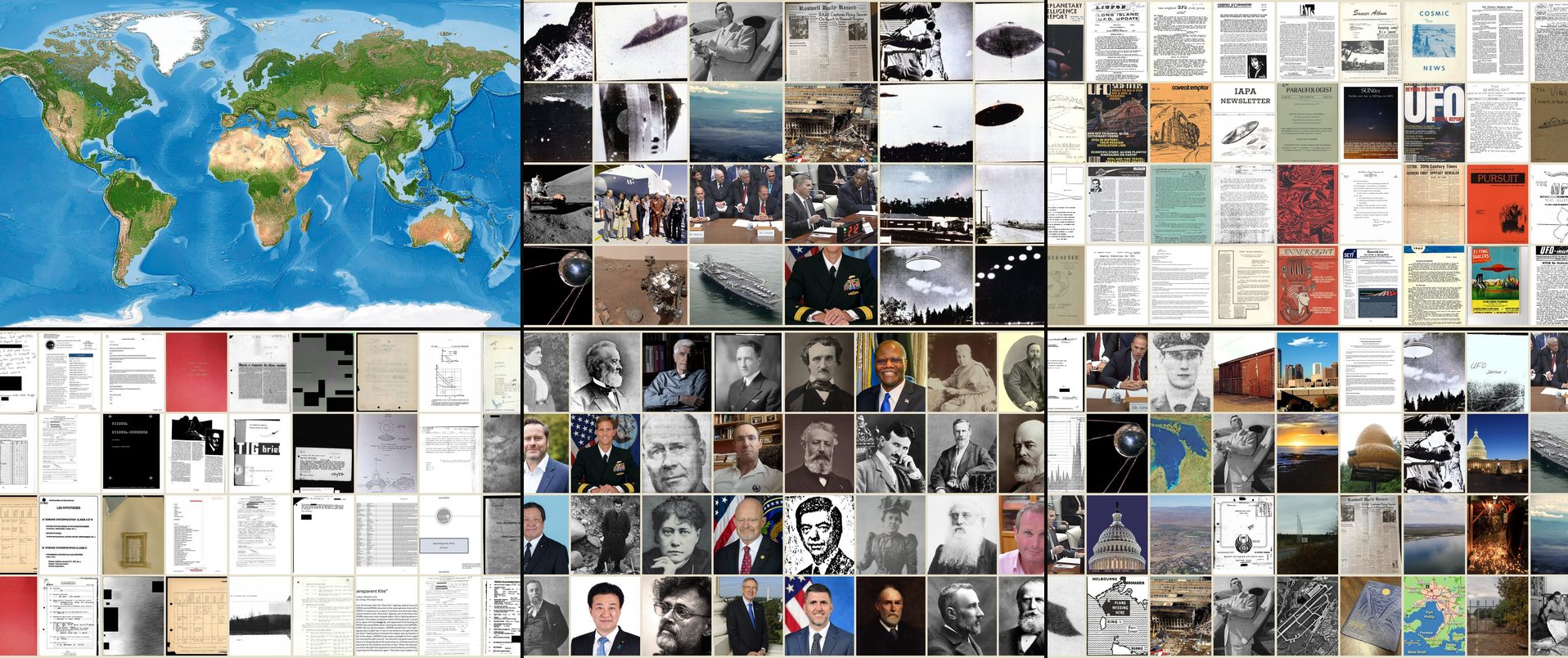 A montage of the archive's main sections: countries, timeline, newsletters, government records, people, and case files.
