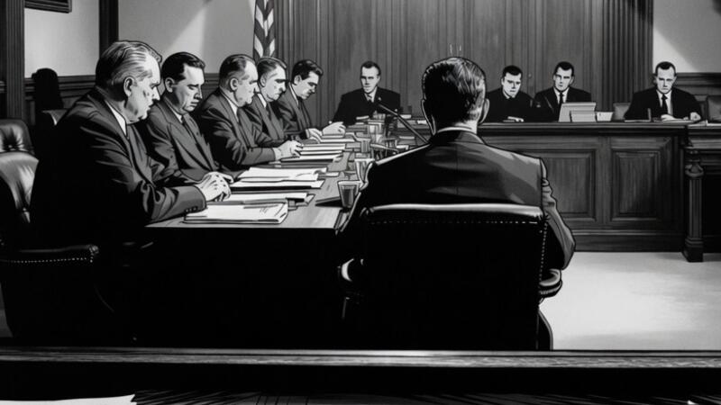 Stylized noir illustration of a mid-20th-century congressional hearing room