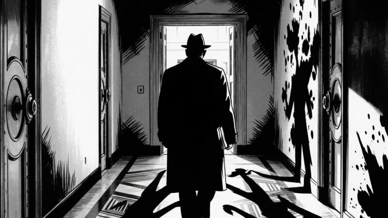 Stylized noir illustration of military officers reviewing declassified documents at night