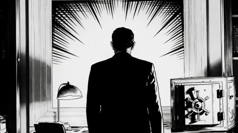 Stylized noir illustration of a silhouetted figure carrying documents down a hallway