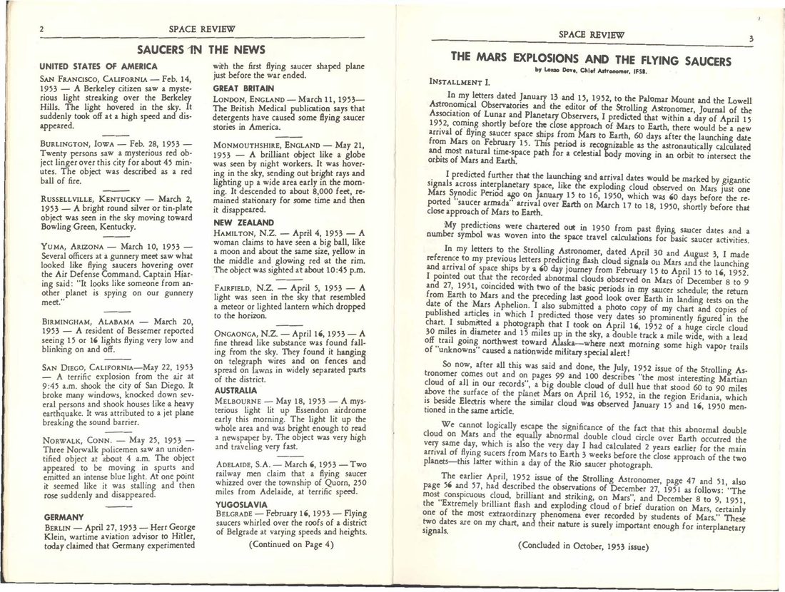 An inside page of the July 1953 Space Review, the journal of the International Flying Saucer Bureau.