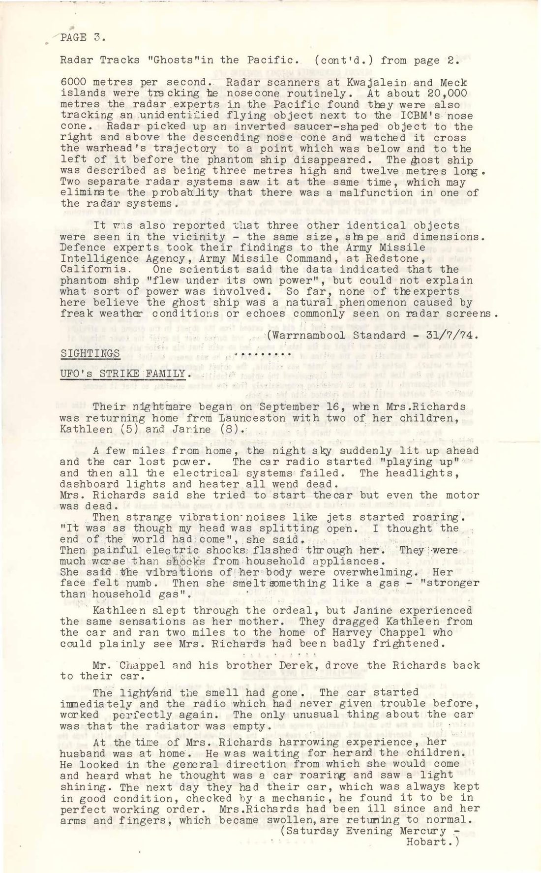 Page three of the typewritten November 1974 Australian UFO Bulletin, where the Australian sighting reports begin.