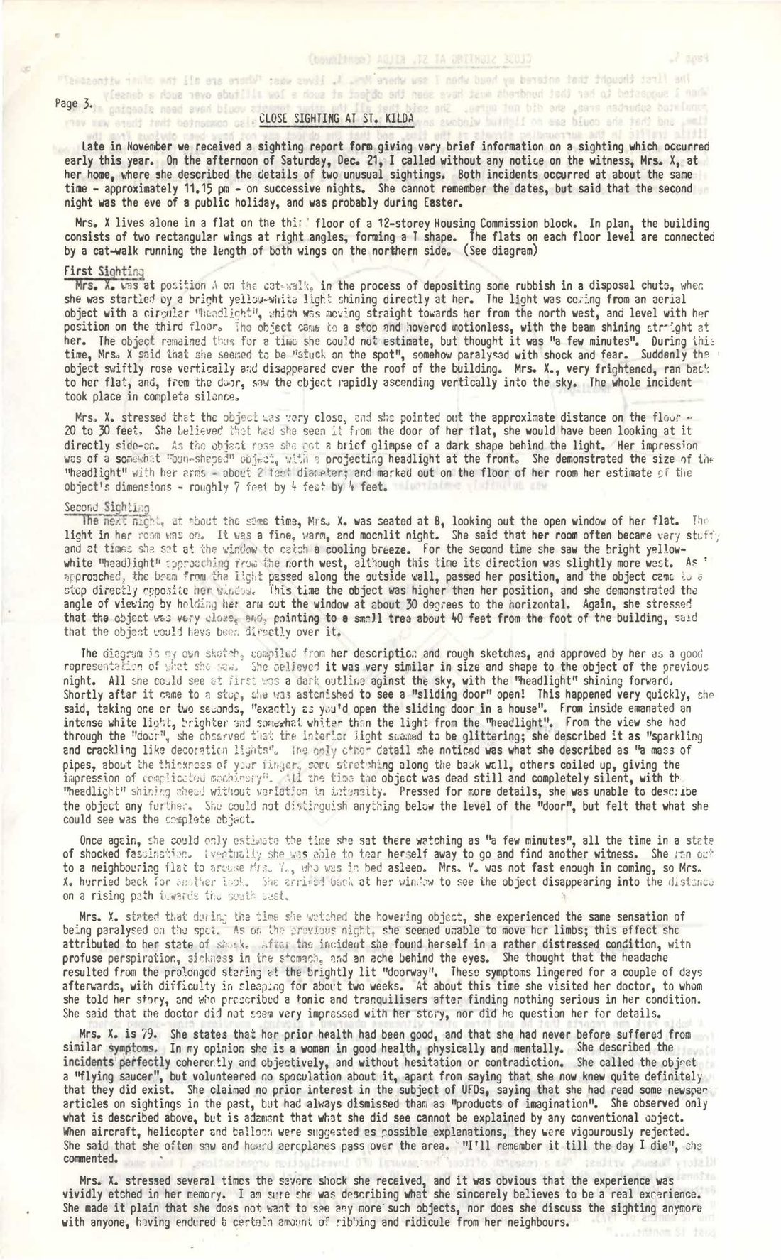 Page three of the typewritten February 1975 Australian UFO Bulletin, where the Galley interview text continues alongside the Australian field reports.