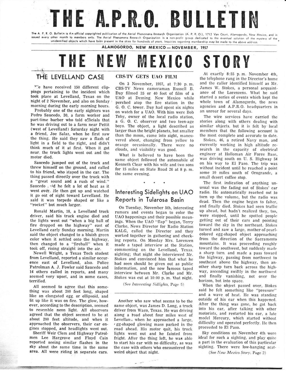 Front page of the APRO Bulletin, November 1957, carrying the Levelland wave and the Stokes encounter.