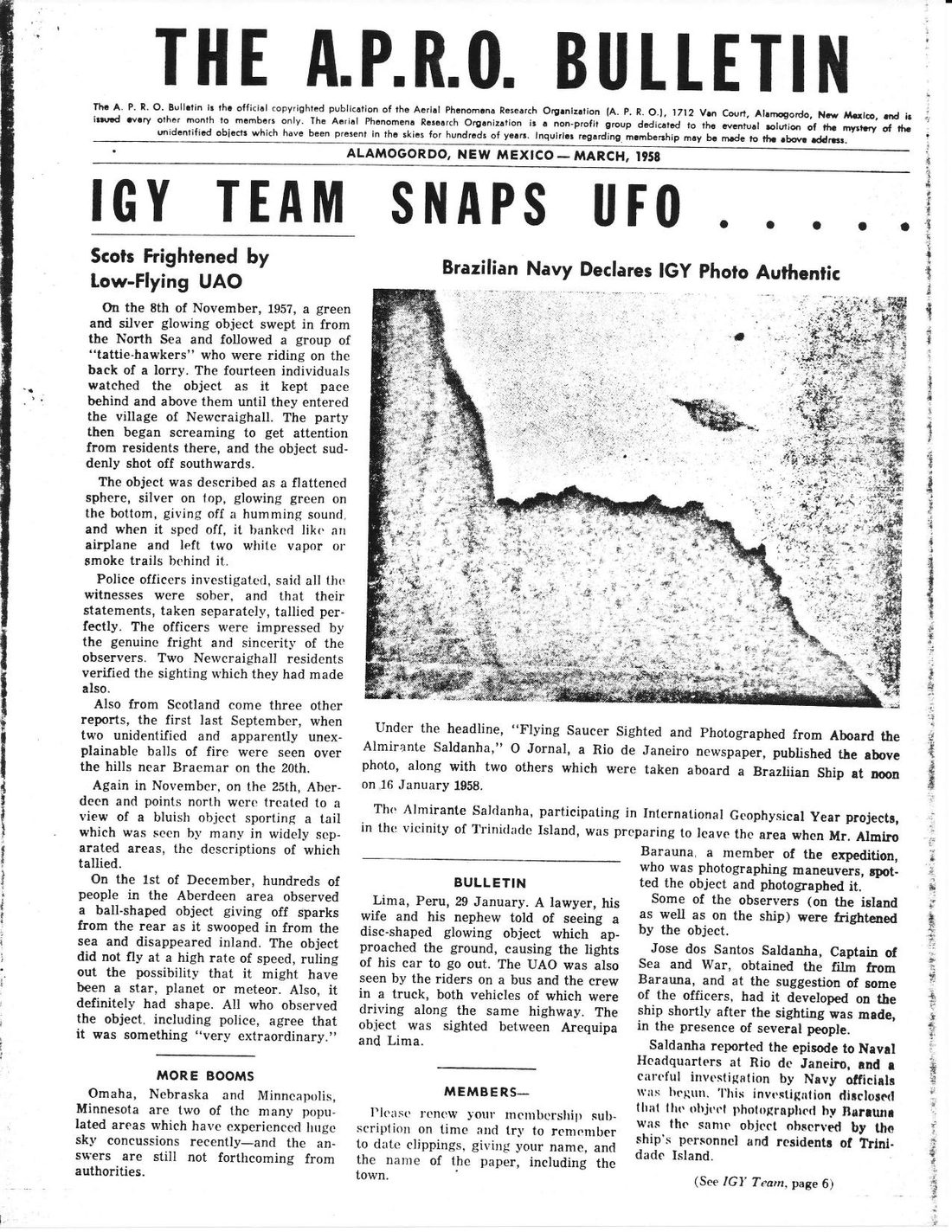 Front page of the APRO Bulletin, March 1958, leading with the Trindade Island International Geophysical Year photograph.