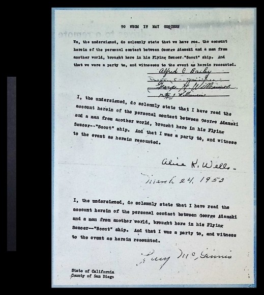 Photographic copies of six notarised affidavits, signed by Alice K. Wells, Lucy McGinnis and others, swearing they witnessed the contact.