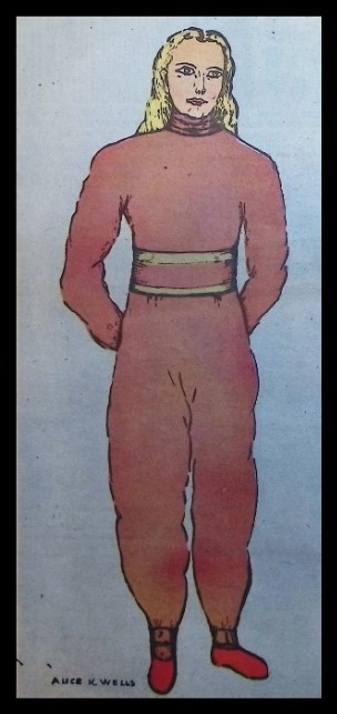 A standing figure in a coral one-piece suit with shoulder-length sandy hair, captioned as derived from a sketch by witness Alice K. Wells.