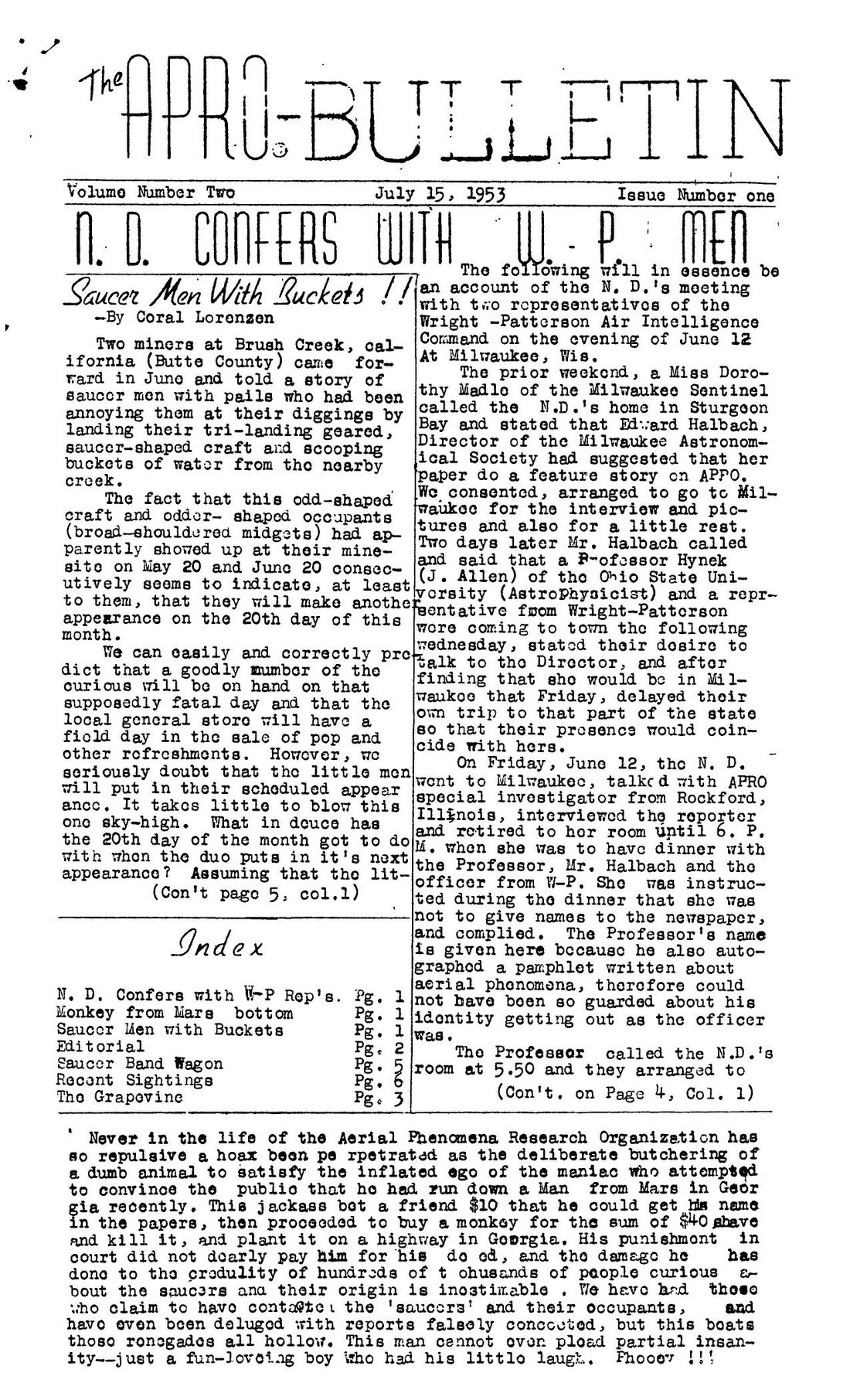 APRO Bulletin Volume 2 Number 1, 15 July 1953, the issue carrying Coral Lorenzen's account of the Milwaukee meeting.