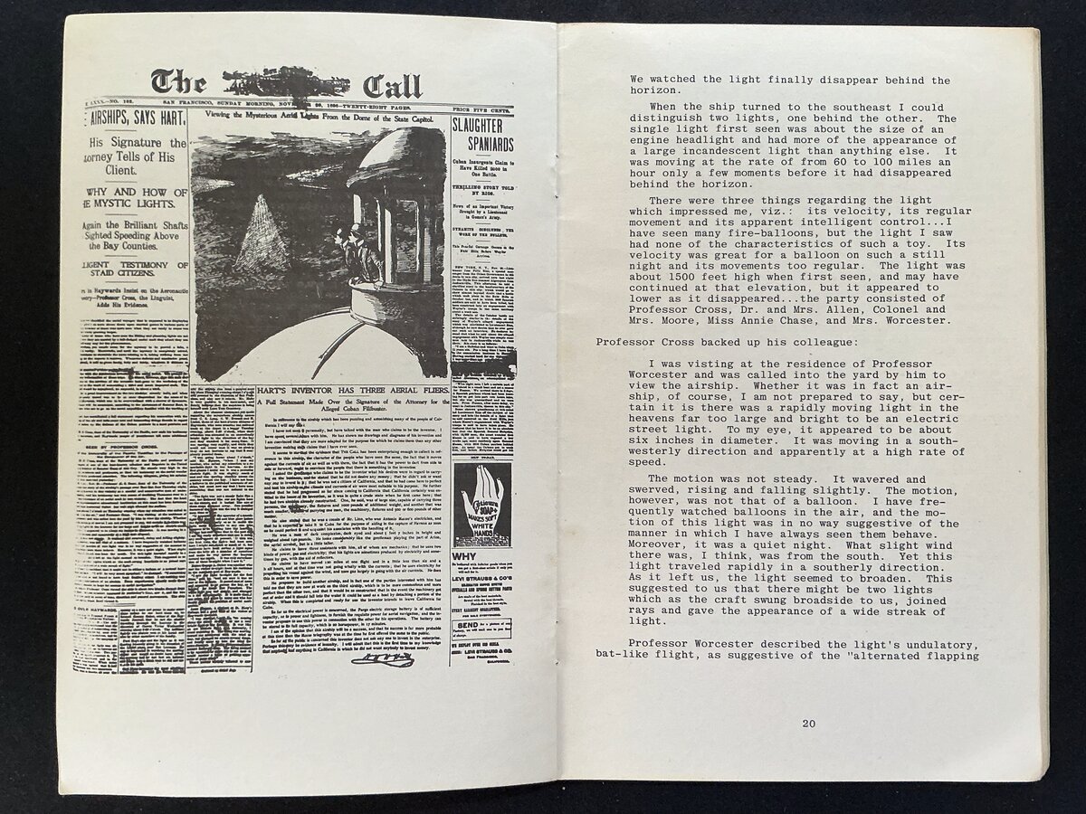 Reproduction of the San Francisco Call newspaper front page from 1896 covering the airship sightings